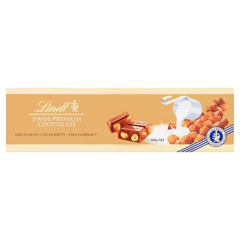 Lindt Švajčiarska mliečna čokoláda s jadrami lieskových orechov 300g
